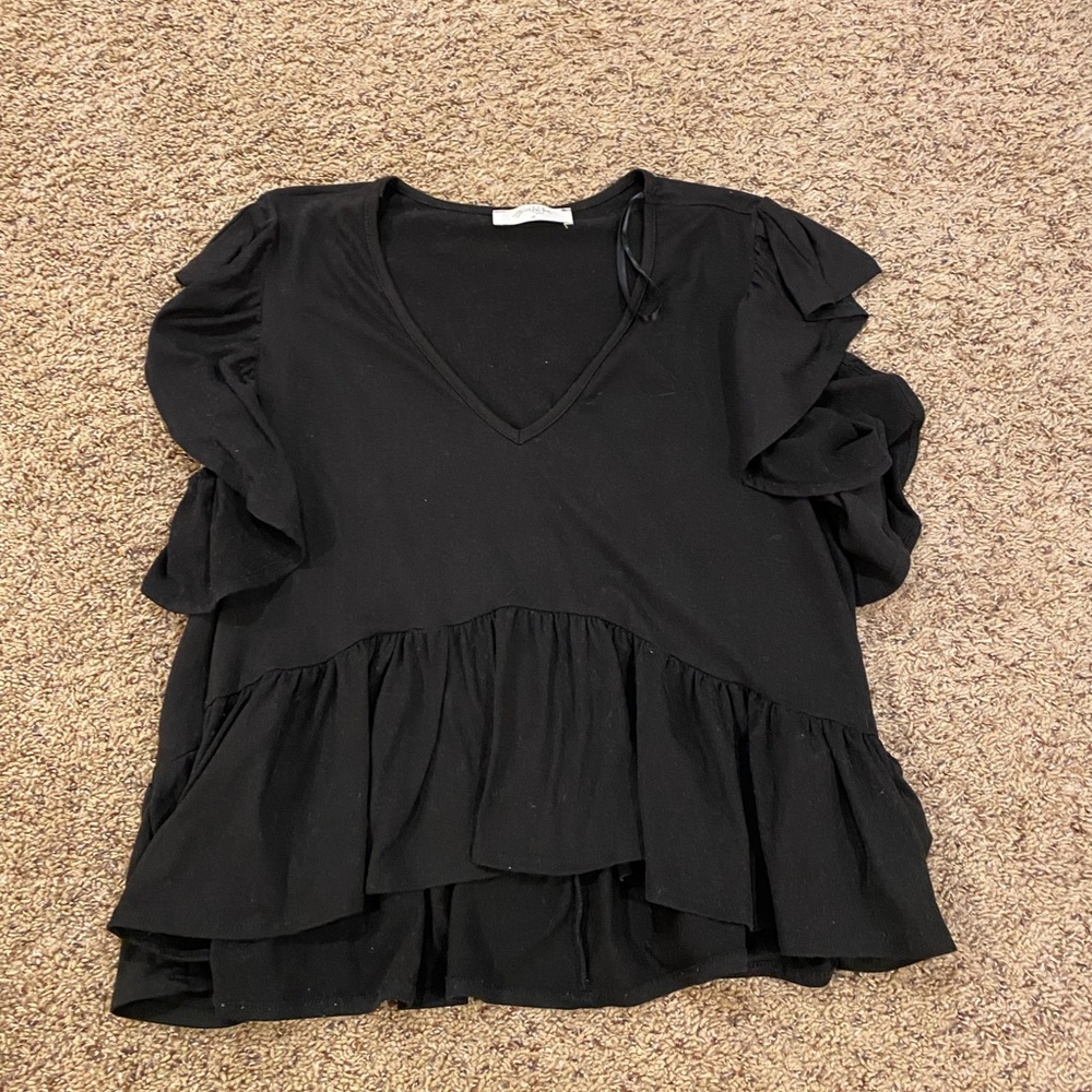Black Ruffled V-Neck Top